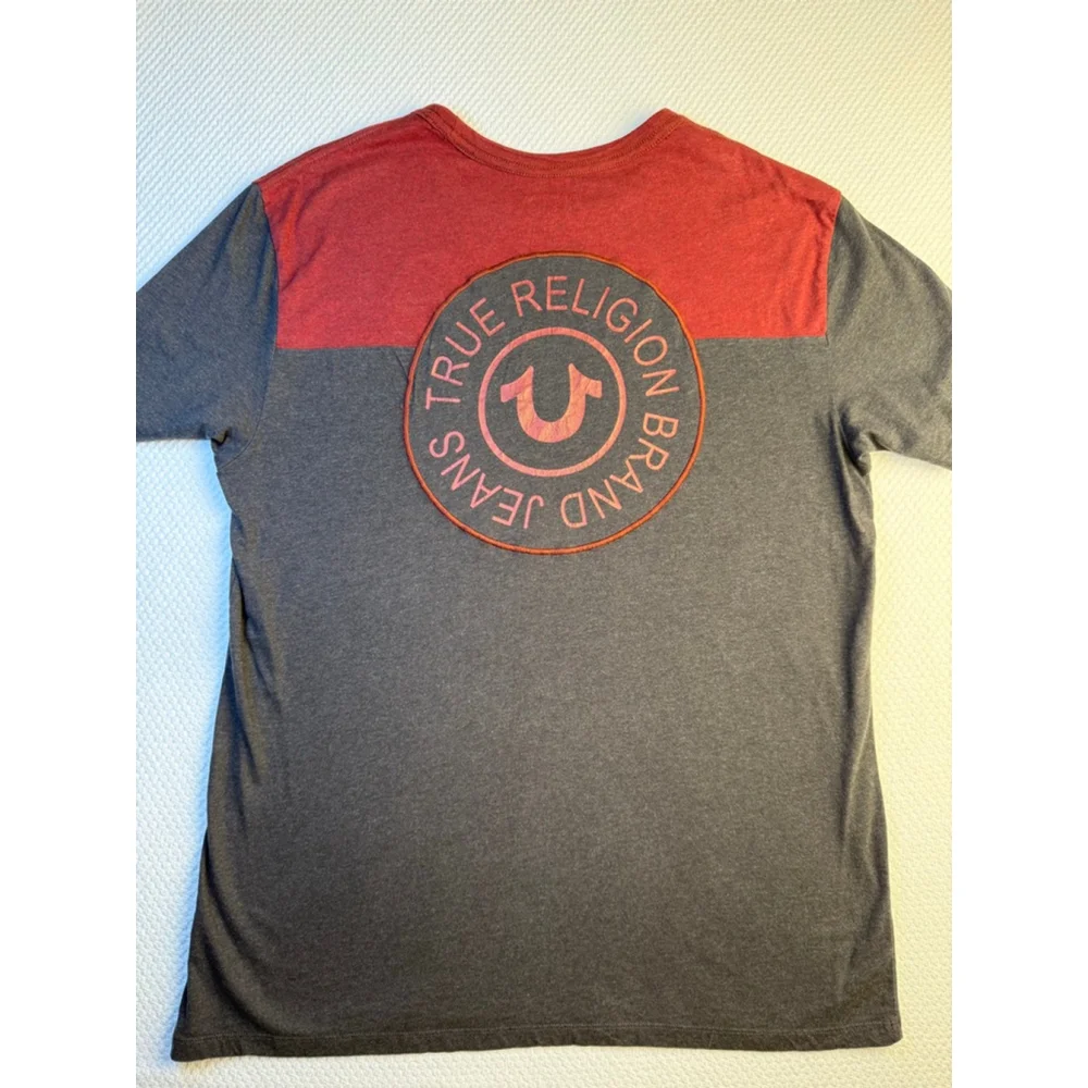 Men's True Religion Red Grey Colorblock Short Sleeve Tee Shirt XXL